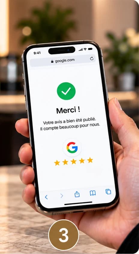 Étape 3 : l'écran du téléphone confirme que l'avis a été publié.