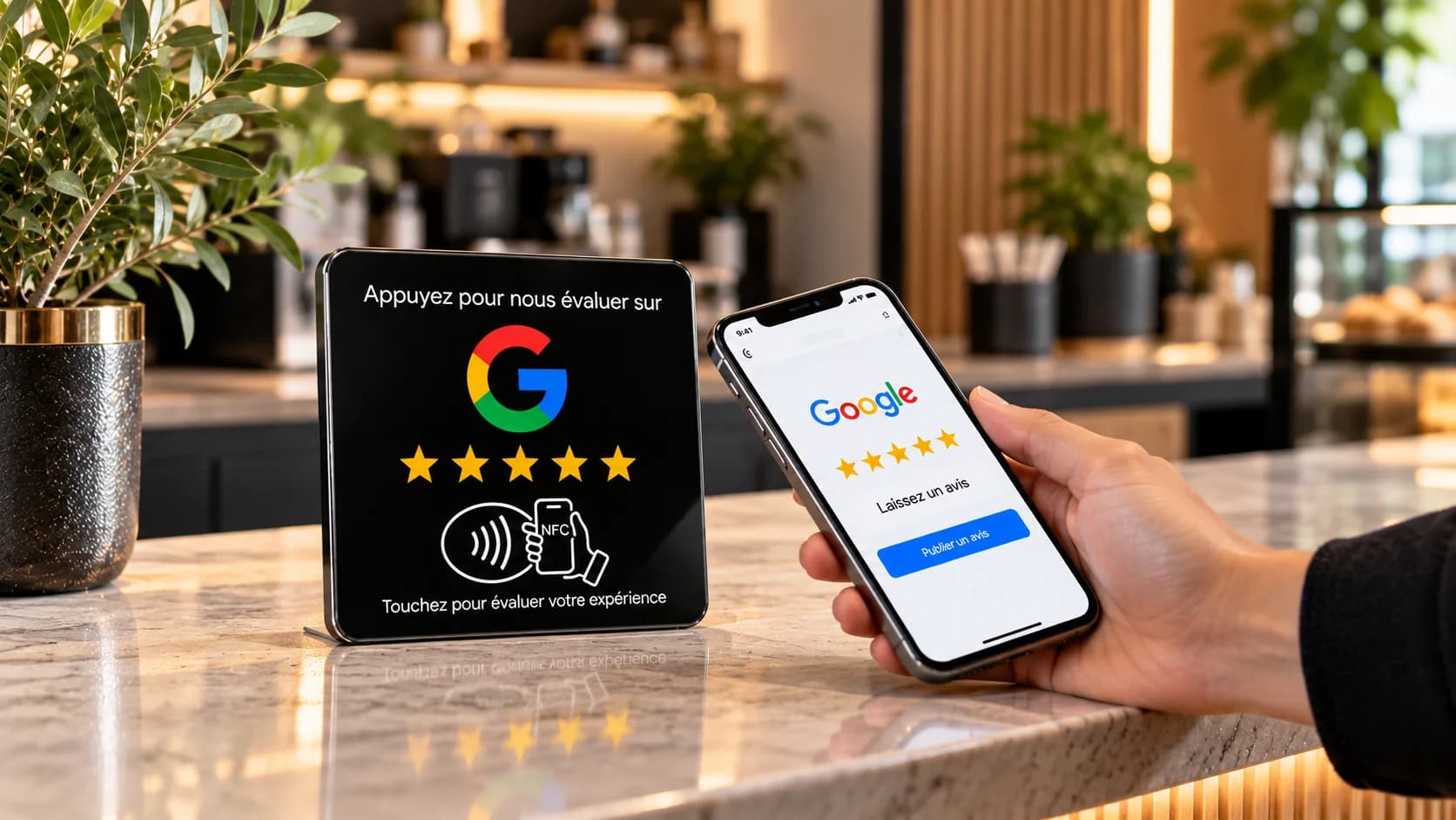 Une plaque NFC posée sur le comptoir d'un commerce. Une main approche un téléphone dont l'écran affiche une page d'avis Google.