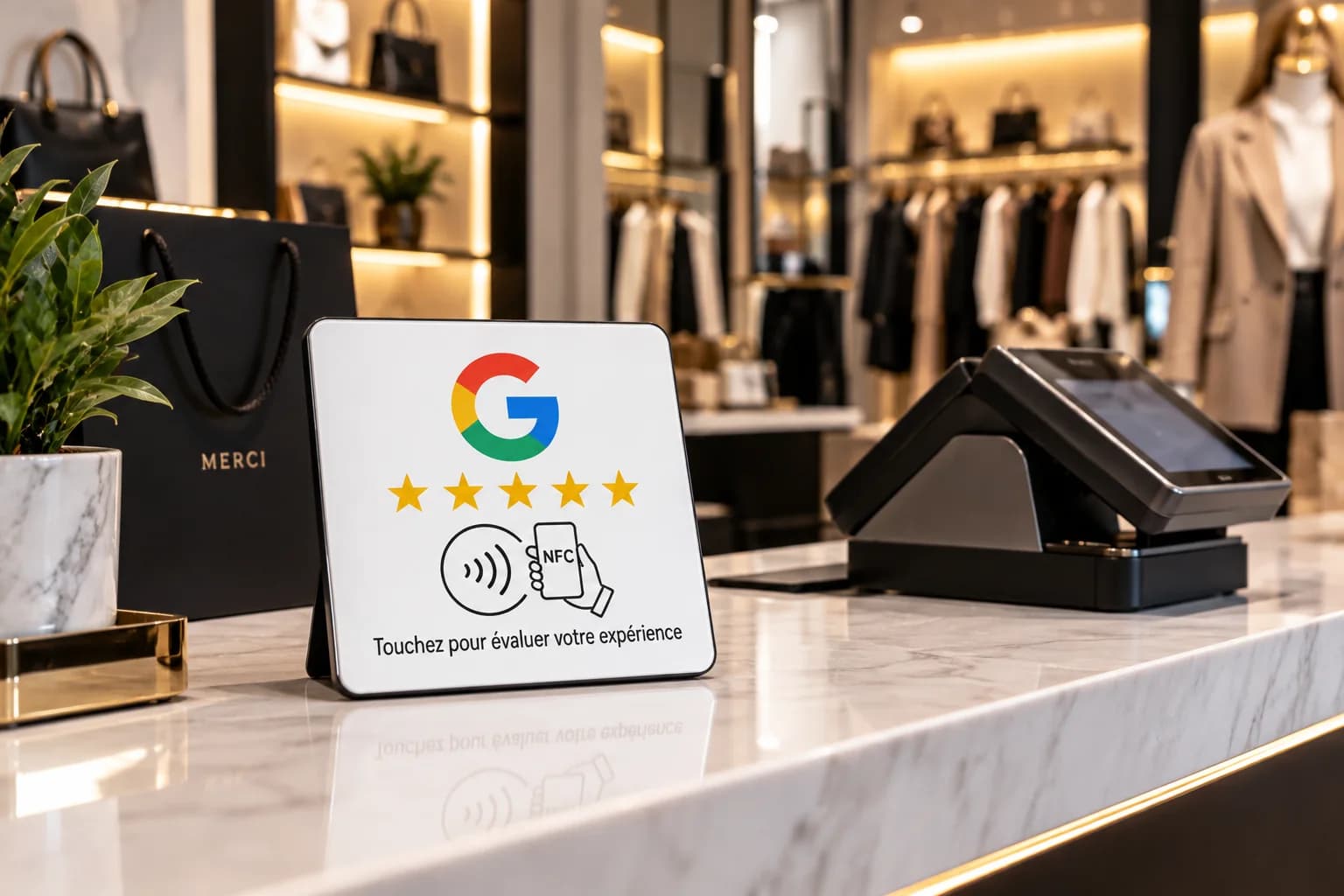 Une plaque NFC blanche posée sur le comptoir d'une boutique, à côté du terminal de paiement.