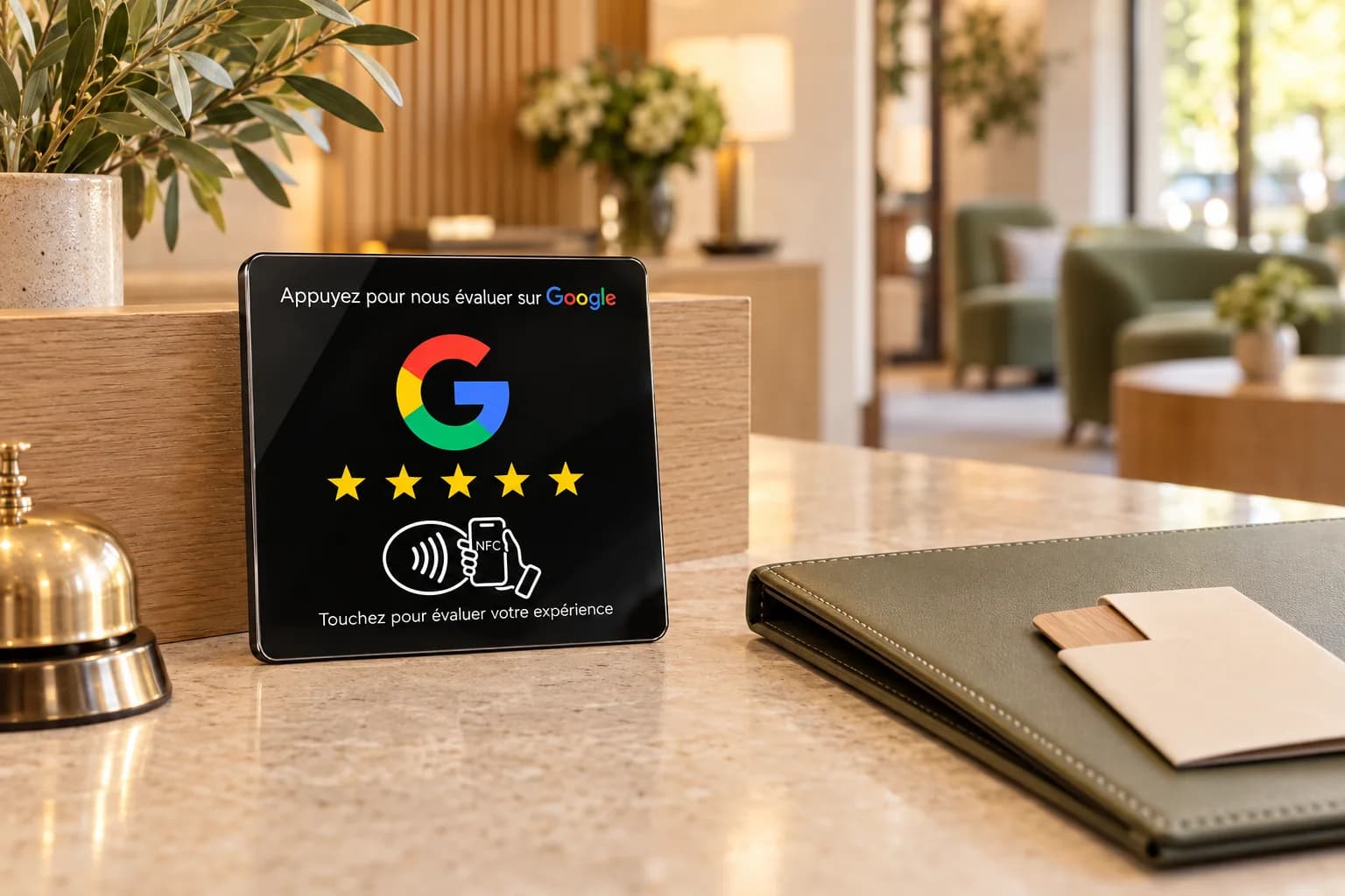 Une plaque NFC posée sur le comptoir de réception d'un hôtel, à côté de la sonnette d'accueil.