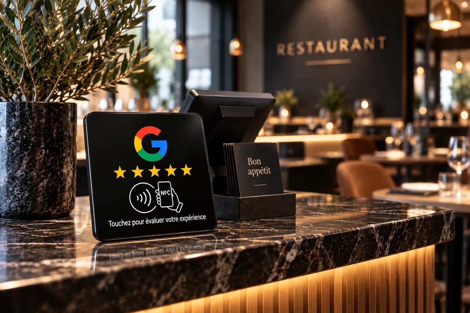 Une plaque NFC posée sur le comptoir en marbre d'un restaurant, près de la caisse.